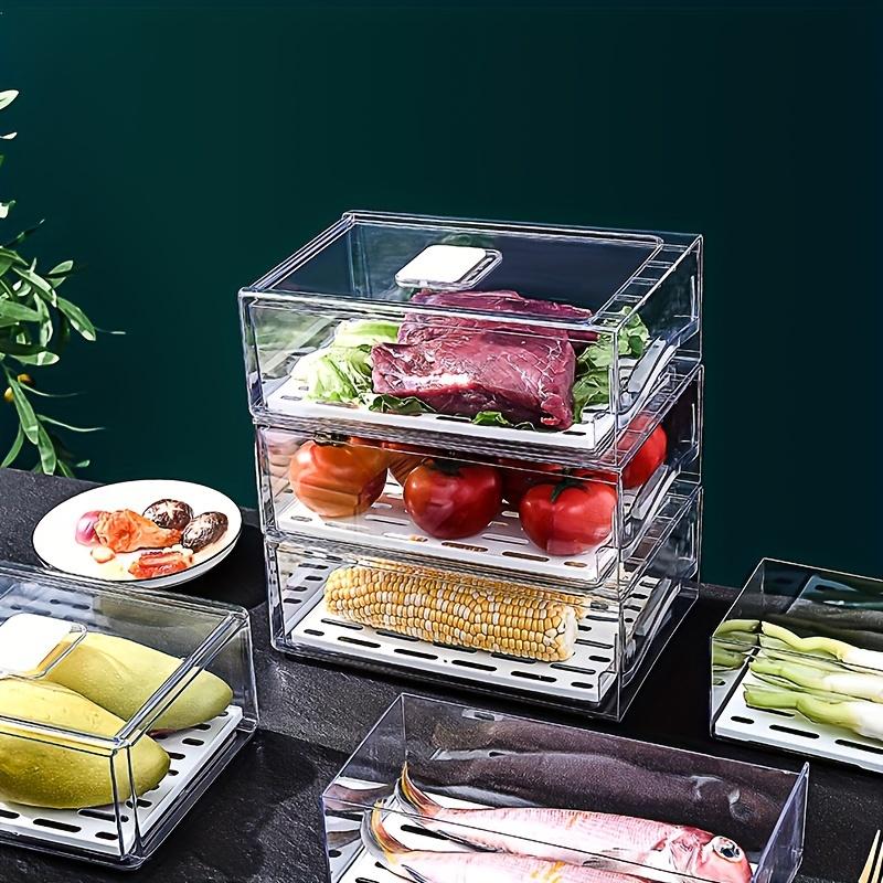 Transparent Rectangular Plastic Storage Box, Stackable Drainage Food Container, Kitchen Refrigerator Organizer, Drawer Style, Fridge Organizer