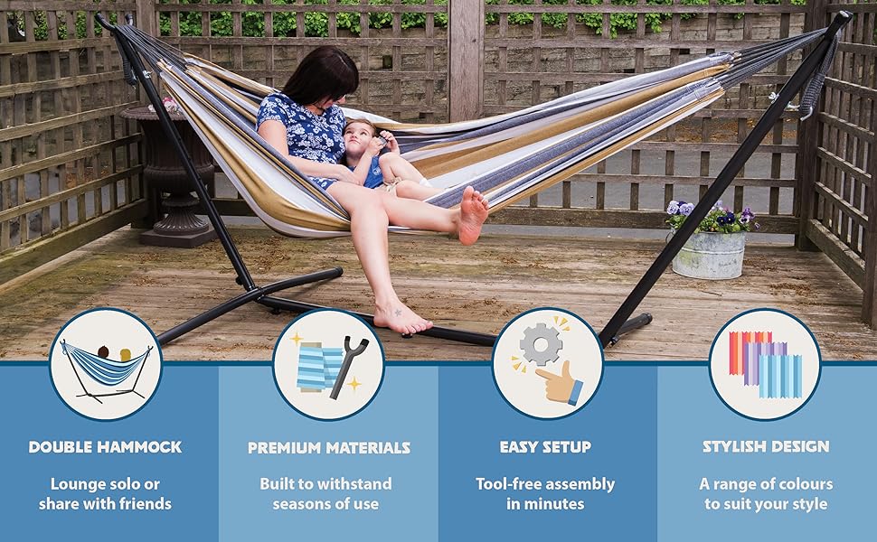 Brazilian Style Double Hammock Set,Double Hammock Set with Steel Stand,Double Cotton Hammock with Space Saving Steel Stand, Upgraded Polyester End Strings 450 lb Capacity - Premium Carry Bag Included Outdoor,fathersdaygifts backyard relaxation
