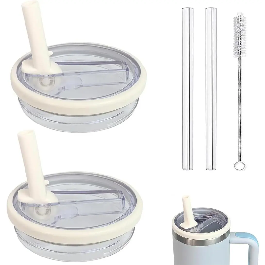 40 oz Tumbler Lid  Leak Proof Spill Proof Flip Straw for  Lid, 40oz Cup Lid (2 Pack Beige)