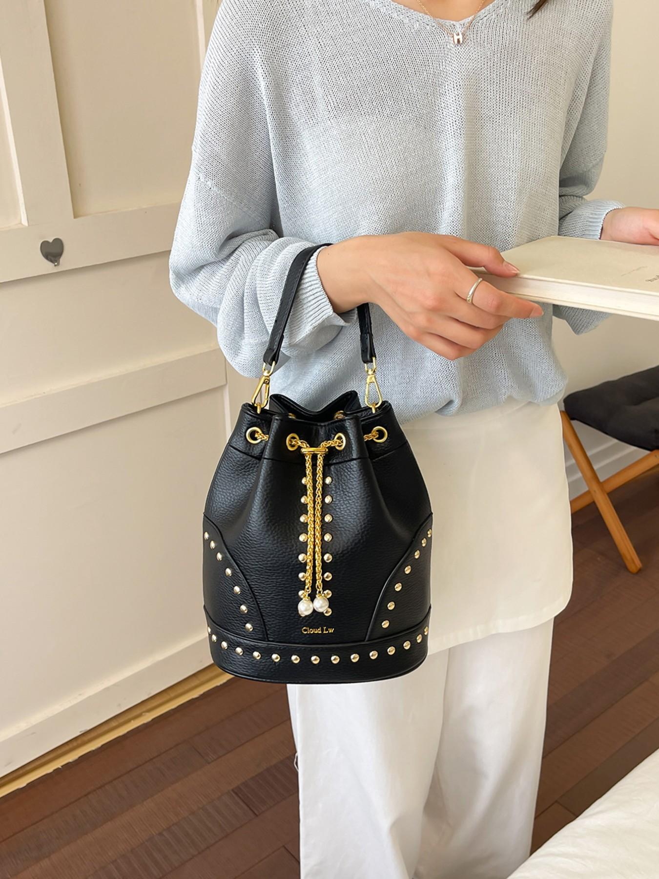 High-Quality Leopard Texture Rivet Drawstring Bucket Bag, Vintage Luxury Pearl Chain Shoulder Crossbody Bag, Women's Mini Storage Bag, Faux Leather Crossbody, Stylish Chain Bag