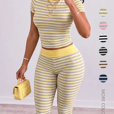 Women's Slim-Fit Striped Loungewear Set, Foldable Waist Design Short Pants, Cute Style, All Seasons