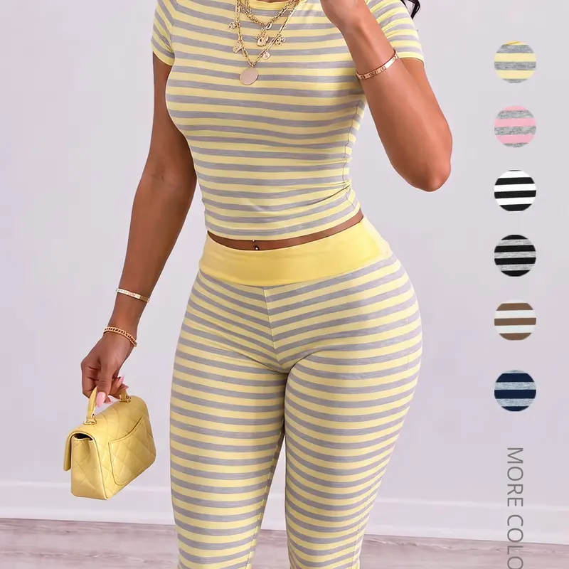 Women's Slim-Fit Striped Loungewear Set, Foldable Waist Design Short Pants, Cute Style, All Seasons