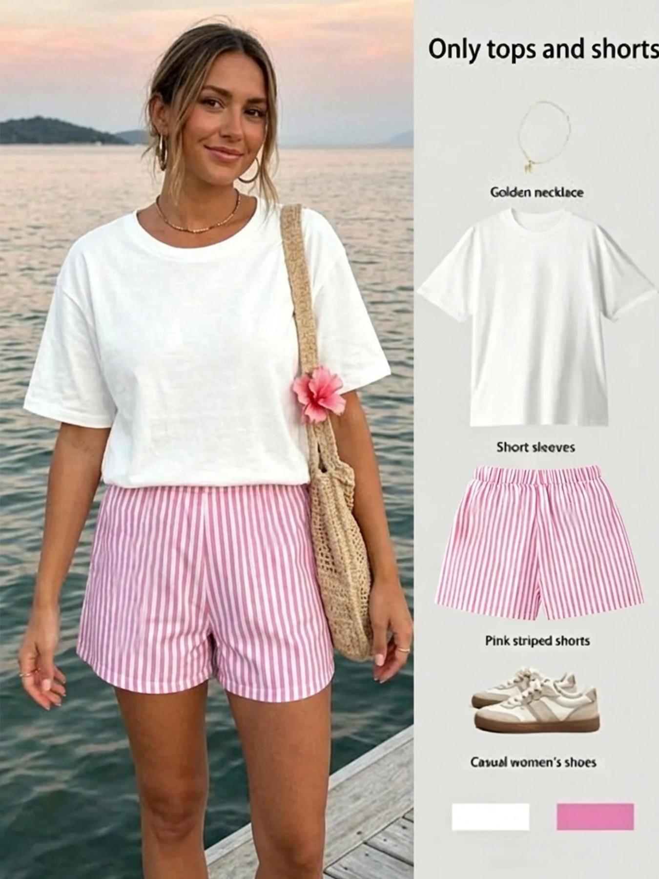 Women's Cherry Print Short Sleeve Set, Summer Beach Casual, Cherry Bomb Letter Print T-Shirt + Striped Shorts
