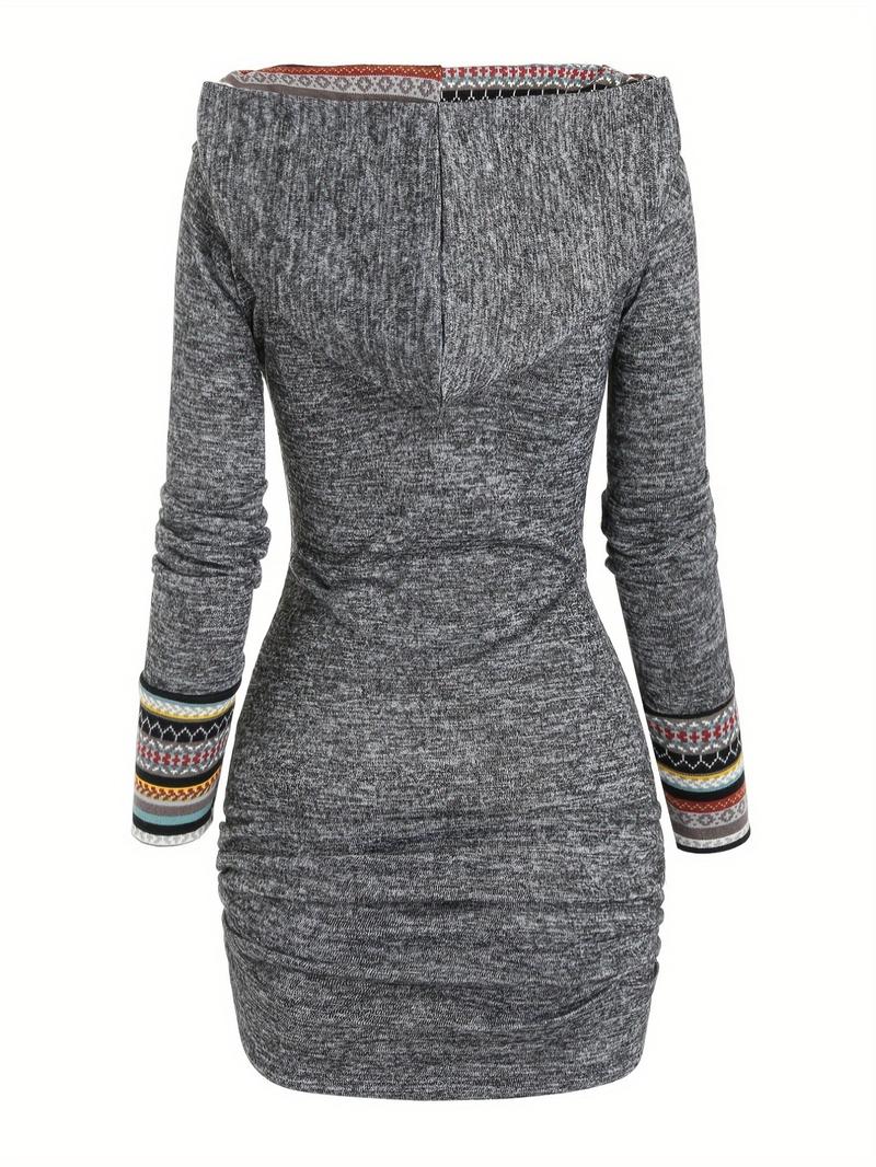 Women's Patchwork Striped Print Fake Buttons Hooded Bodycon Dress, Casual Long Sleeve Short Dress for Fall & Winter, Women's Clothes for Daily Wear