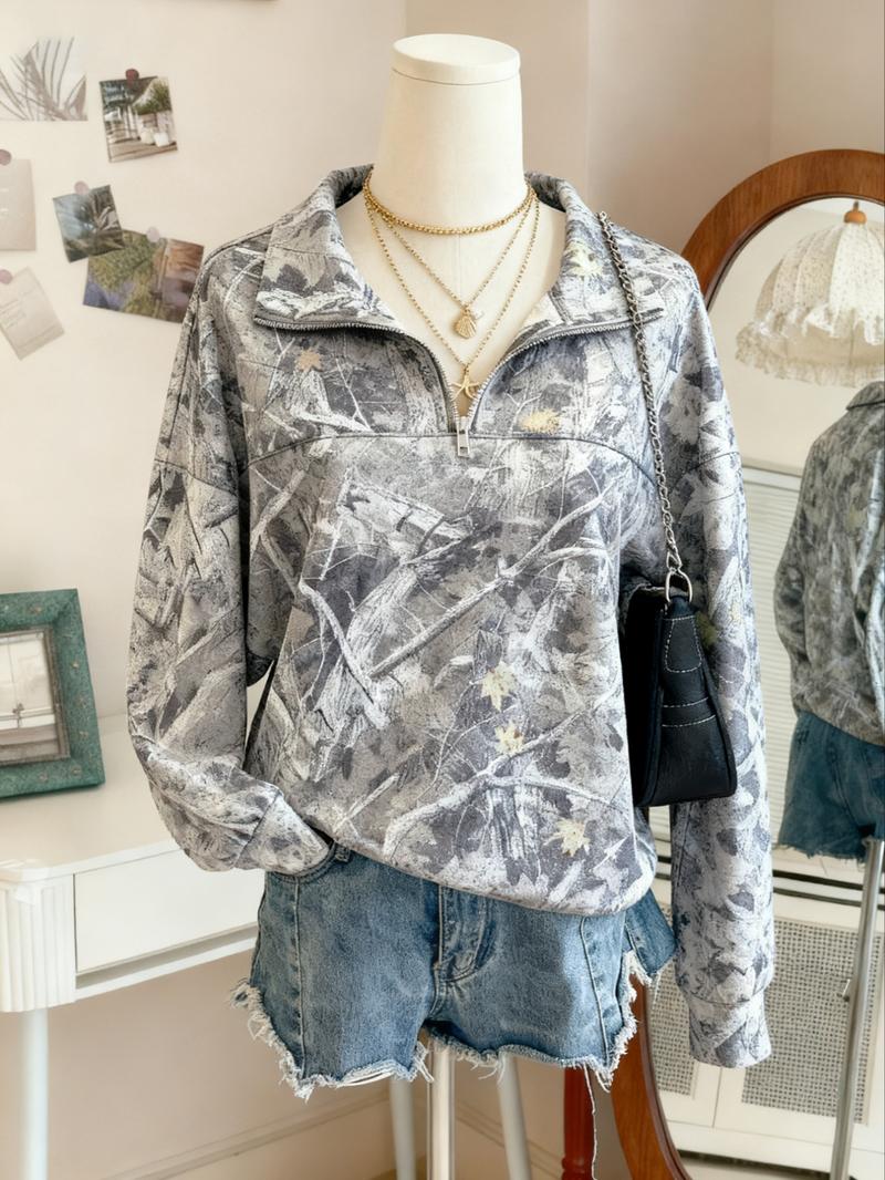 Women's Fashion Camo Zipper Half High Neck Sweater, Loose Fit Long Sleeve Casual Top, Comfortable All over Print Fall & Winter
