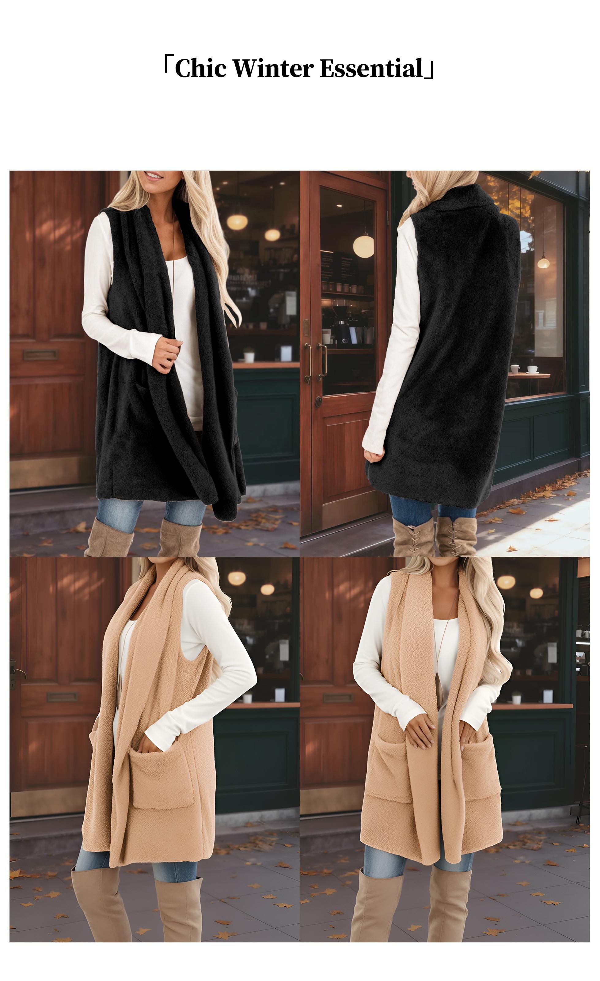 Chicovar Women's Sleeveless Sherpa Vest with Pockets【Clearance Sale】, Lapel Open Front Fleece Cardigan Sweater Fuzzy Jacket Coat