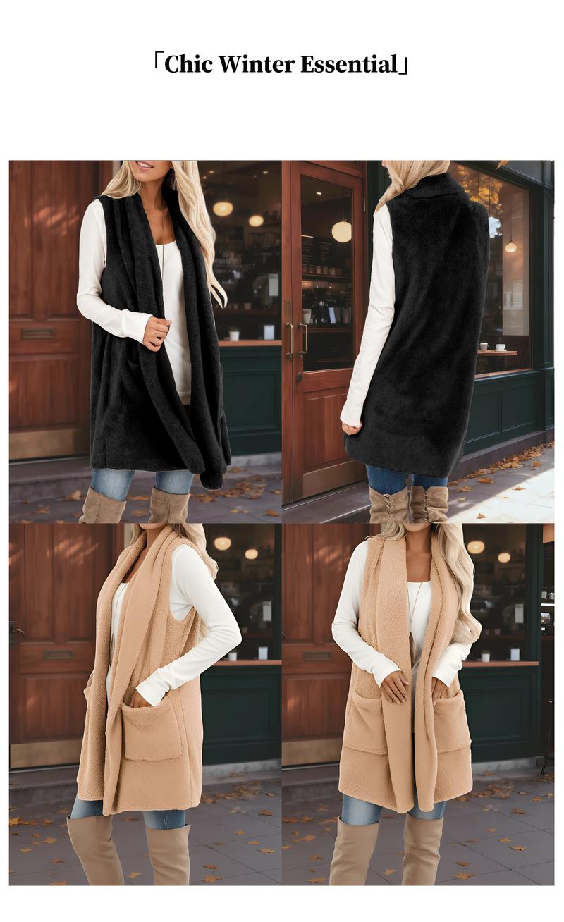 Chicovar Women's Sleeveless Sherpa Vest with Pockets【Clearance Sale】, Lapel Open Front Fleece Cardigan Sweater Fuzzy Jacket Coat