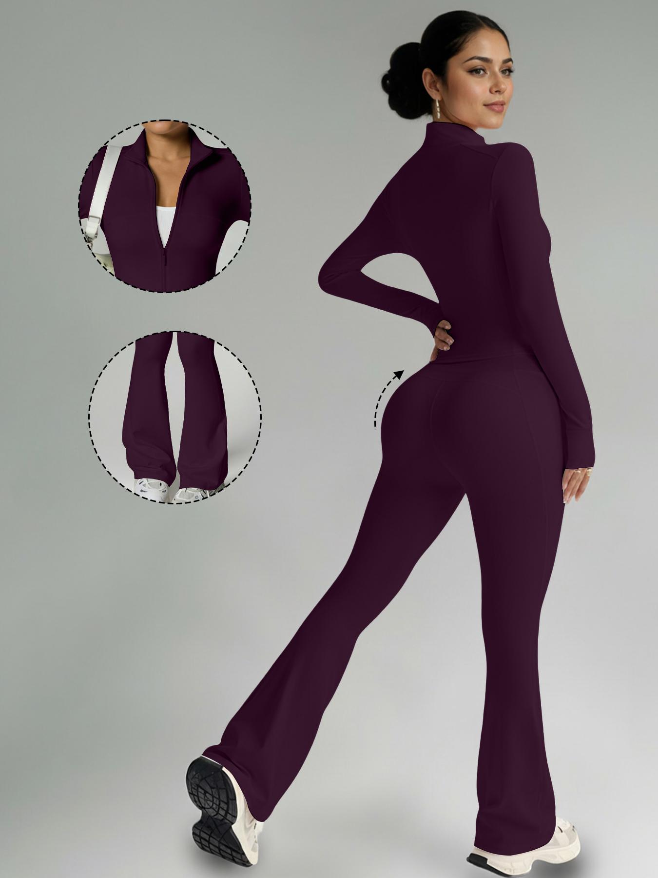 Women's Fashion Two-Piece Set, Slim Fit Long Sleeve Thumb Hole Cuffs, Zipper Front Jacket Style, High Waist Pants, Fall & Winter