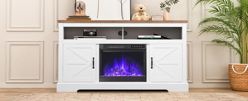 COWSAR Electric Fireplace TV Stand for TVs up to 70", Free Standing 23'' Fireplace Heater with Remote Control, Modern Farmhouse Entertainment Stand for Living Room