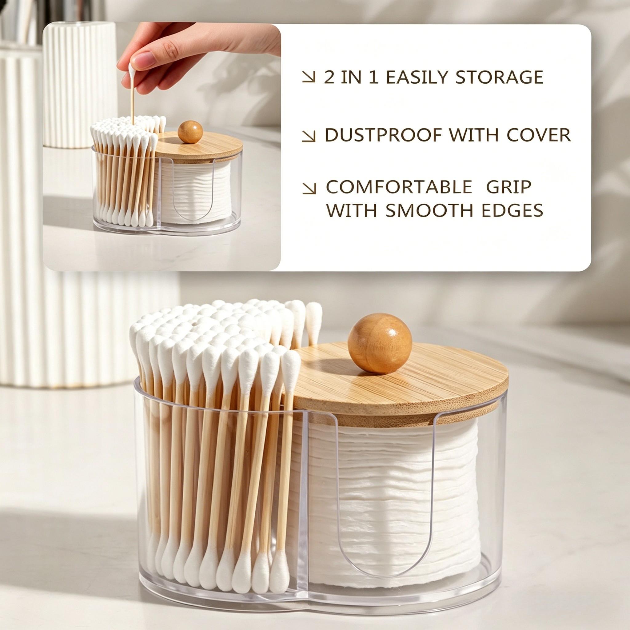 2-In-1 Transparent Cotton Swab Makeup Storage Box, Wooden Lid, Dual Compartment Bathroom Organizer, Space-Saving Vanity Tray, Natural Wood Finish