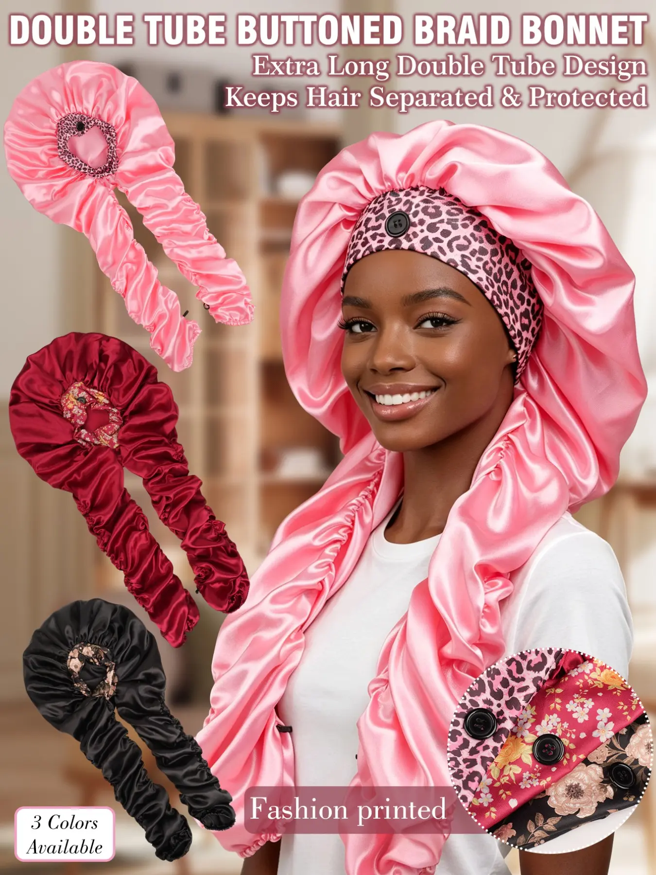 Double Tube Buttoned Satin Braid Bonnet, Extra Long Satin Sleep Bonnet for Braids Dreadlocks, Printed Elastic Hair Night Cap for Long Braided Hair Protection