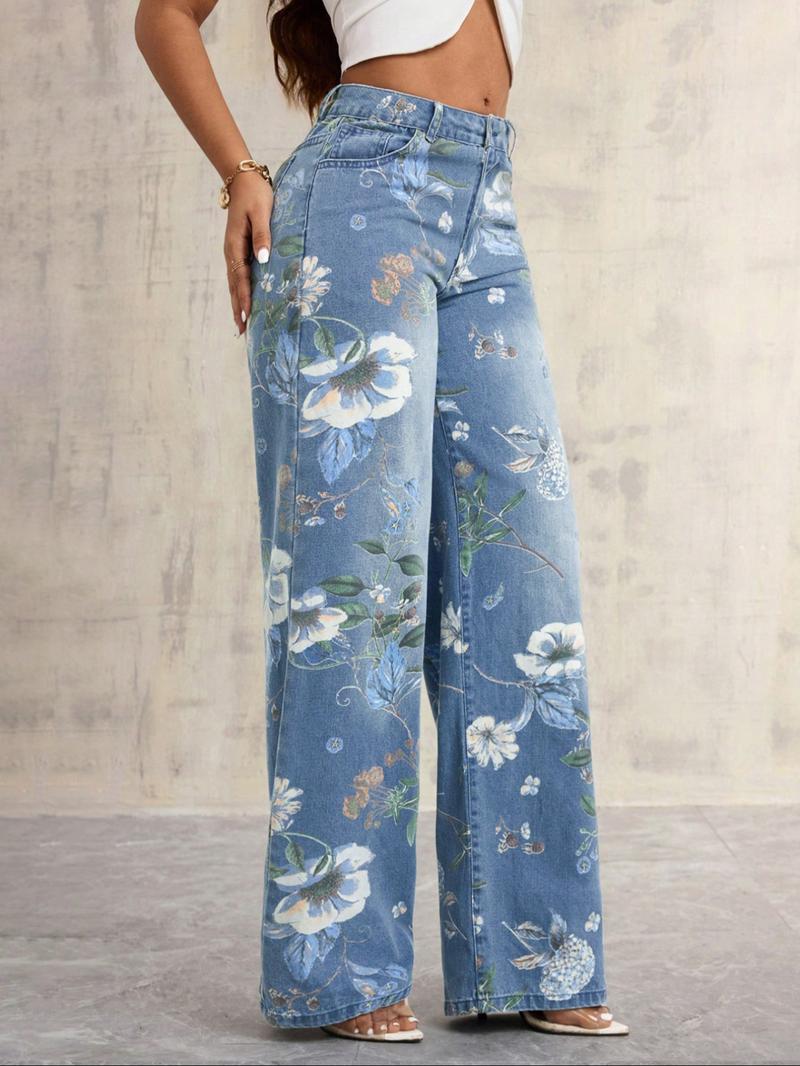 NVFelix High-Rise Vintage Floral Straight Leg Pants for Women Summer Casual Denim Pants Denim Clothing