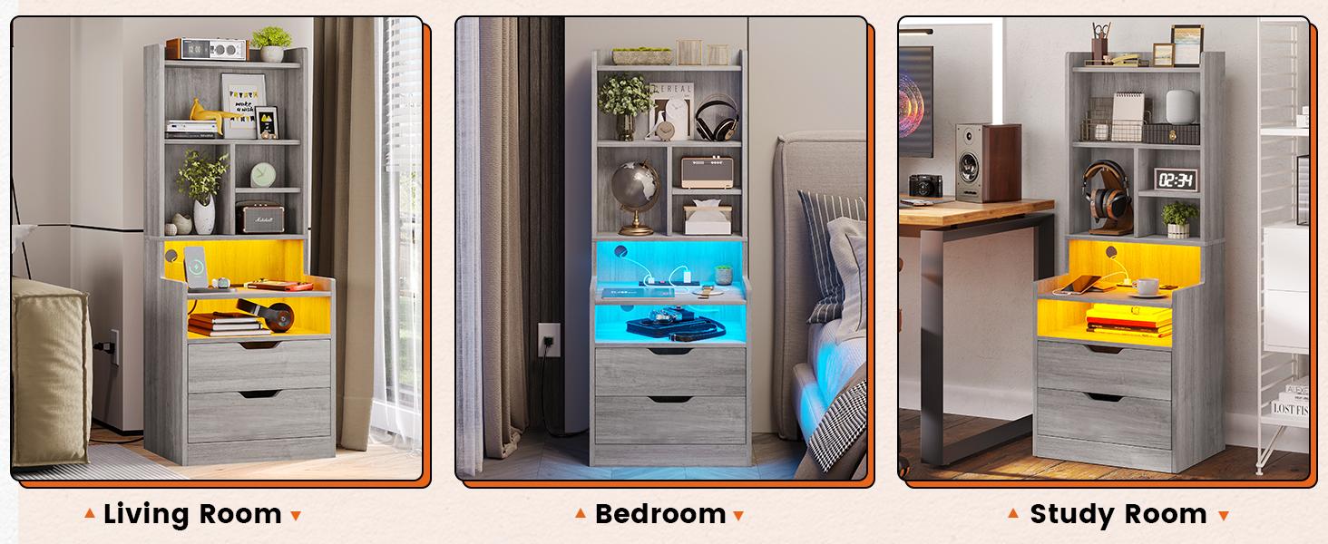 Sikaic Tall Nightstand with Charging Station and LED Lights, Bedside Table with Bookshelf, Grey Furniture Bedroom Vanity Desk Design Vanity Desk