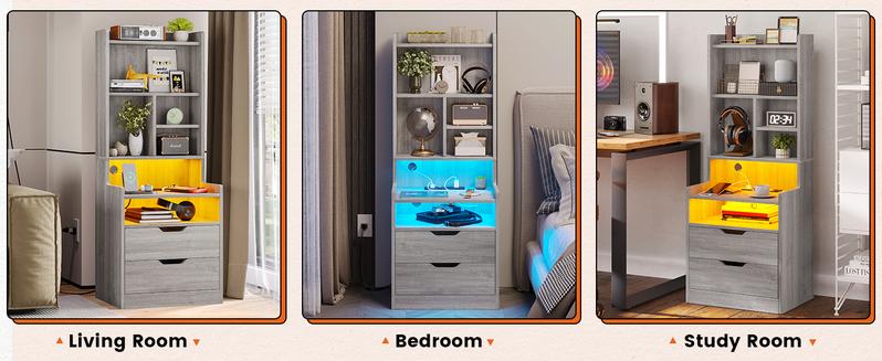 Sikaic Tall Nightstand with Charging Station and LED Lights, Bedside Table with Bookshelf, Grey Furniture Bedroom Vanity Desk Design Vanity Desk