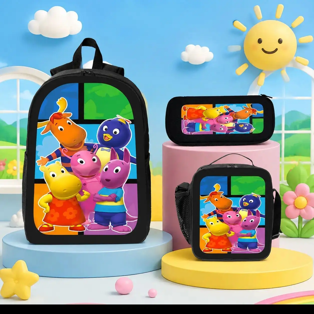 Backyardigans Cartoon Backpack Set 3PCS School Backpack Lunch Bag Pencil Case Cute Anime Bookbag Lightweight Daypack for Teens Students Back to School School Supplies Travel Backpack Gift for Girls Boys Kids College Student Bag