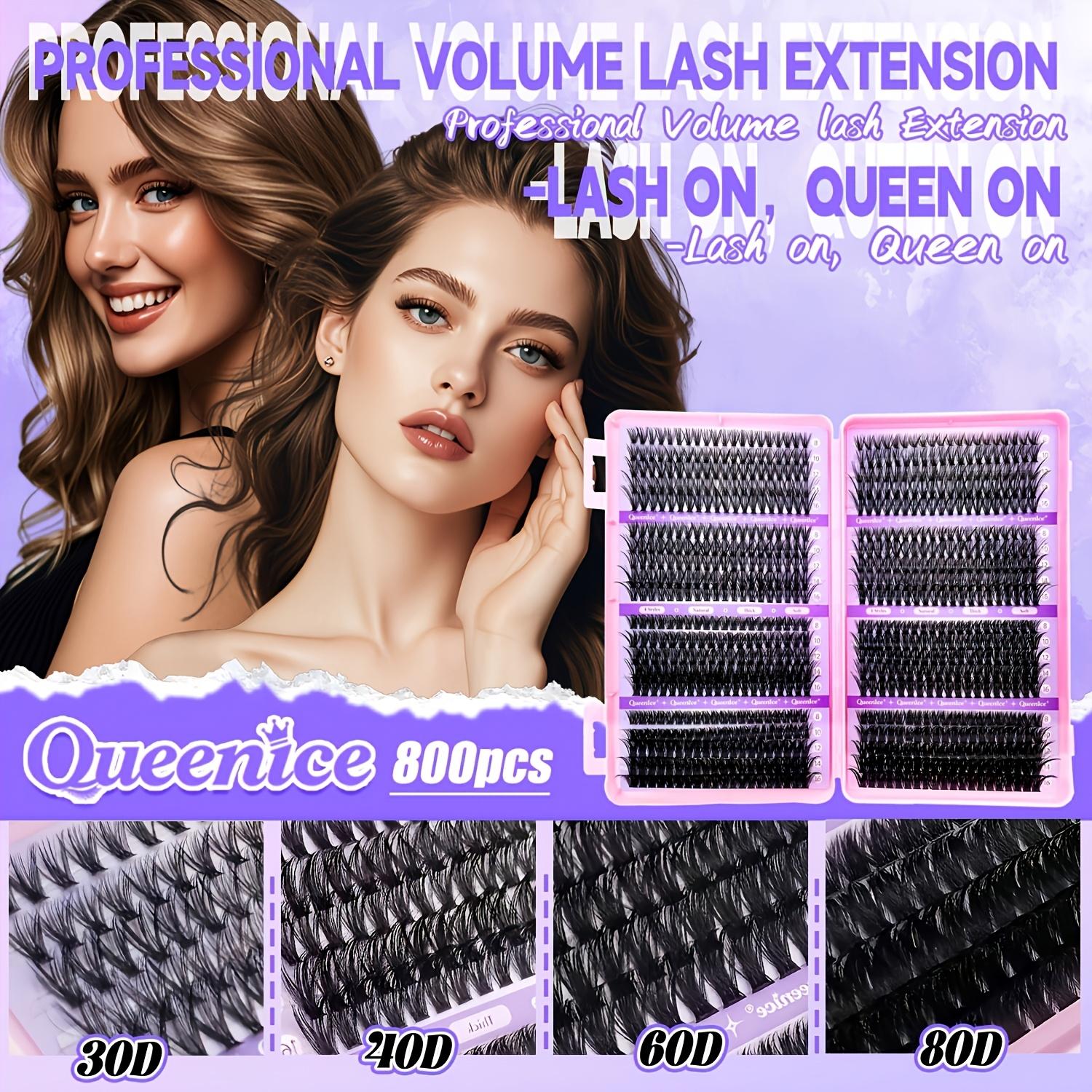 800pcs QUEENICE Eyelash Tuft Kit Compatible for 2-in-1 Bonding Glue - 800 Lashes with Applicators (Tweezers & Mascara Brush), DIY Lash Bonding System, Mix of 50D/30D/40D/60D/80D/9-16mm Lengths for Beginners at Home, /Volume/