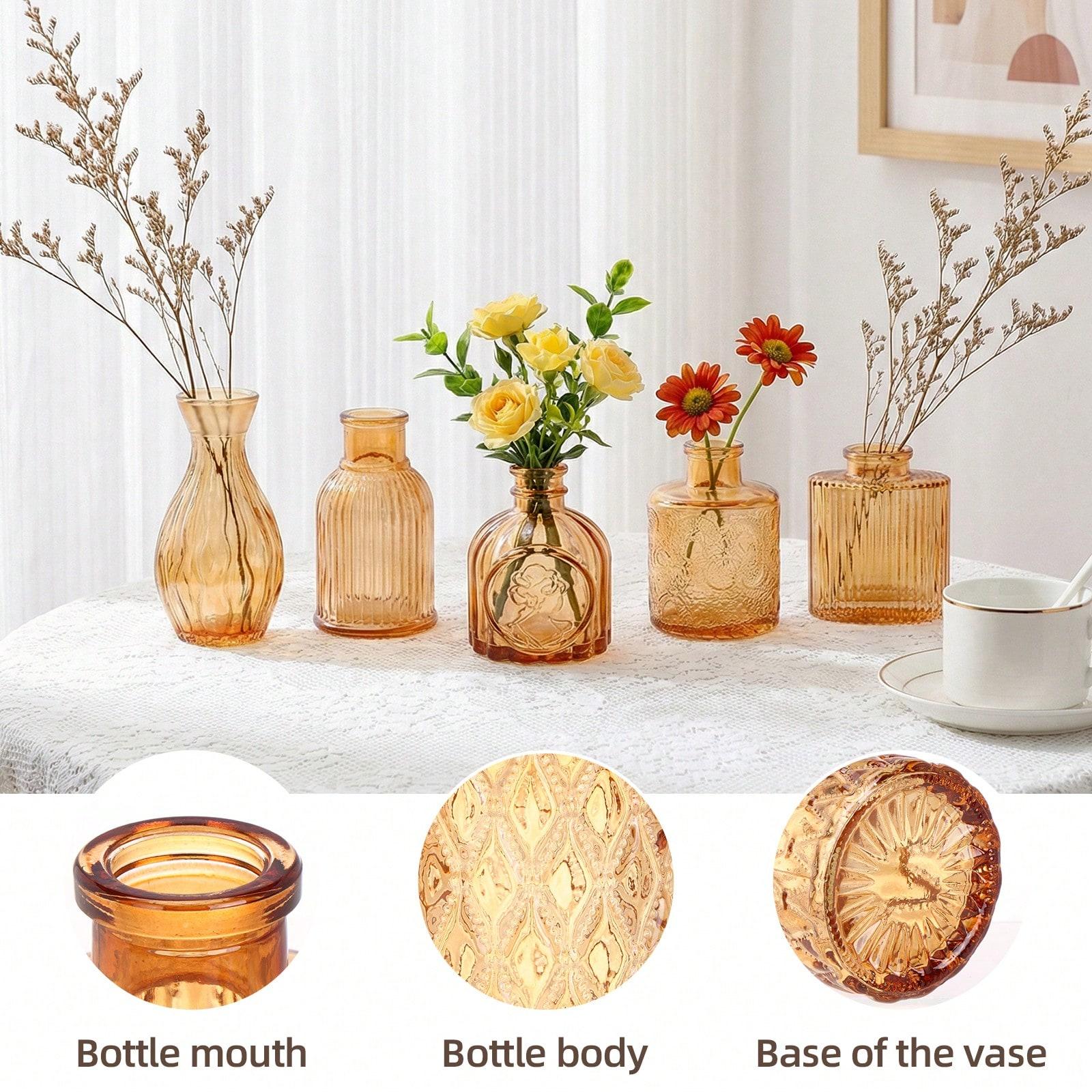 18pcs Glass Bud Vase Set, Bulk Amber/Clear Mini Vintage Flower Vases For Outdoor Table Centerpieces, Spring Decor Small Vases For Home Wedding Patio Garden Party Decor, Mother's Day Decor, Ideal Mother's Day Gift