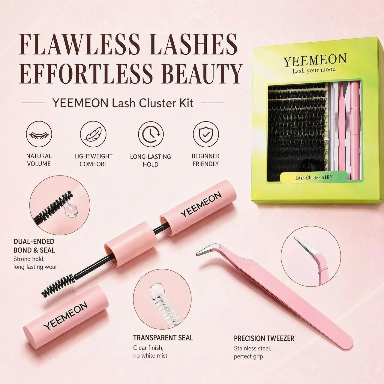 DIY Cluster Lashes Kit with 192 Individual Lashes in 12 Rows and 3-Piece Makeup Application Set
