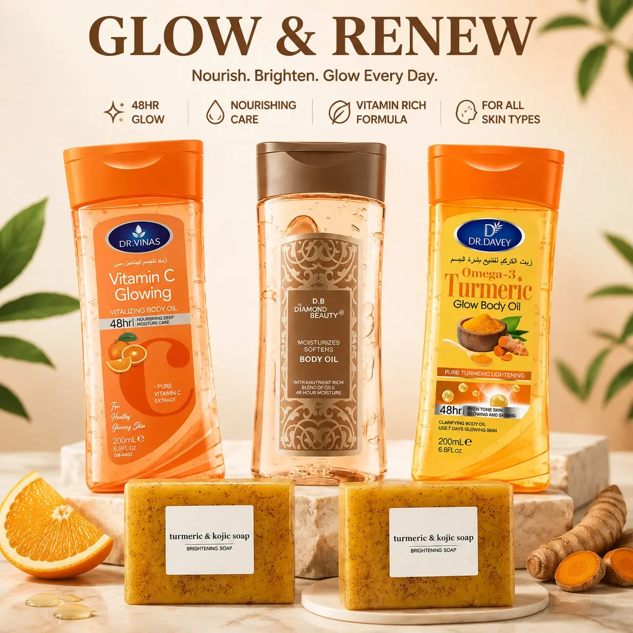 Natural Turmeric Body Glow Bundle, 3 Pack Skin‑Renew Body Gel Oil + 2 Bars Brightening Turmeric Soap, Daily Nourishing Moisture Body Care Kit