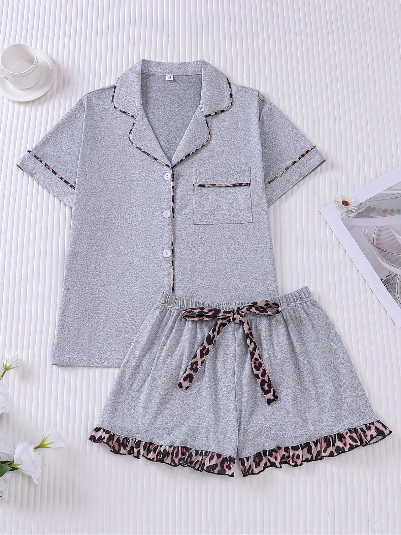 Women's Contrast Binding Pajama Two-piece Set, Short Sleeve Button Up Top & Shorts Pj Set, Casual Comfy Loungewear Set for Women, Nightwear, Casual Sleepwear Set
