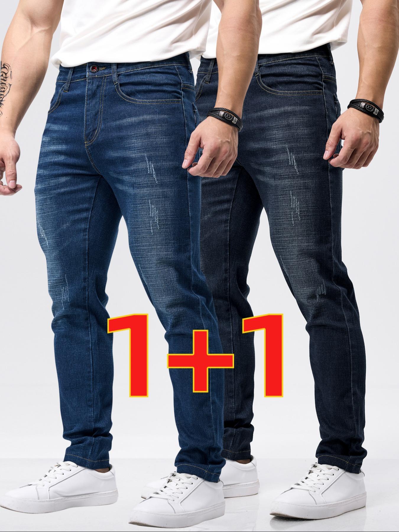 Men's 2-Piece Washed Jeans, Business Style, Slim-Fit Stretchy Denim Pants for Daily Wear