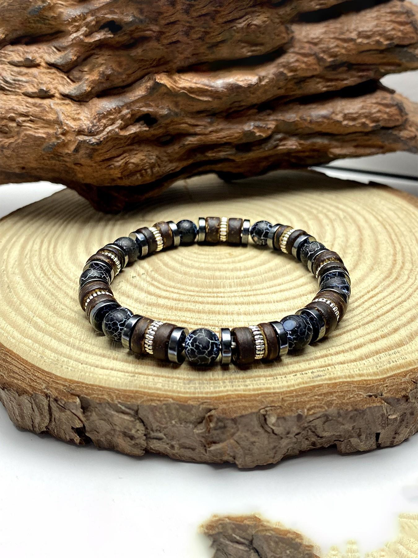 Natural Hematite & Weathered Wood Beaded Stretch Bracelet for Men, Retro Bangle, Rustic Earthy Style, Everyday Casual Wear, Thoughtful Gift