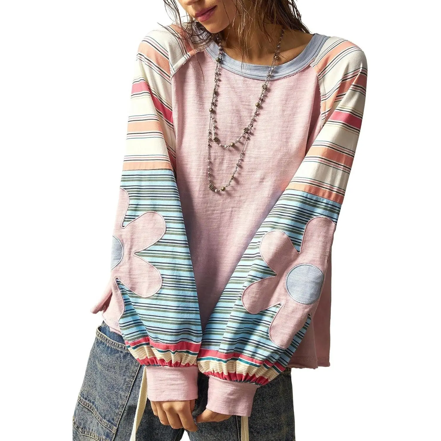 Women's Oversized Sweatshirt Boho Tops Crewneck Sweatshirt | Boho Clothes, Bohemian Tops, Patchwork, Floral, Long Sleeve, Pullover