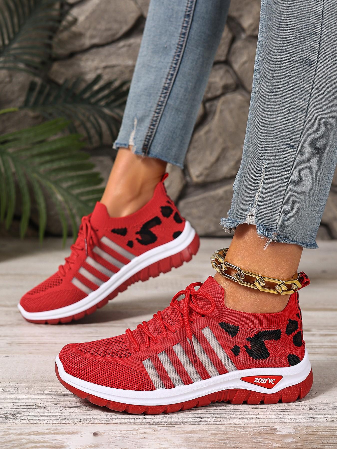 Women's Leopard Print Lightweight Lace-Up Sports Shoes, Breathable Shock Absorption Non-Slip Rubber Sole, Casual All-Season Low Top Sneakers