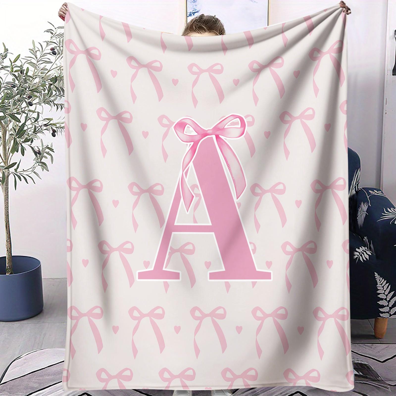 Pink Bow Custom Initial Throw Blanket, Sweet Girl Style Heart Print, Soft Warm Cozy Skin-friendly, Ideal for Bedroom Living Room Sofa Dorm Decor