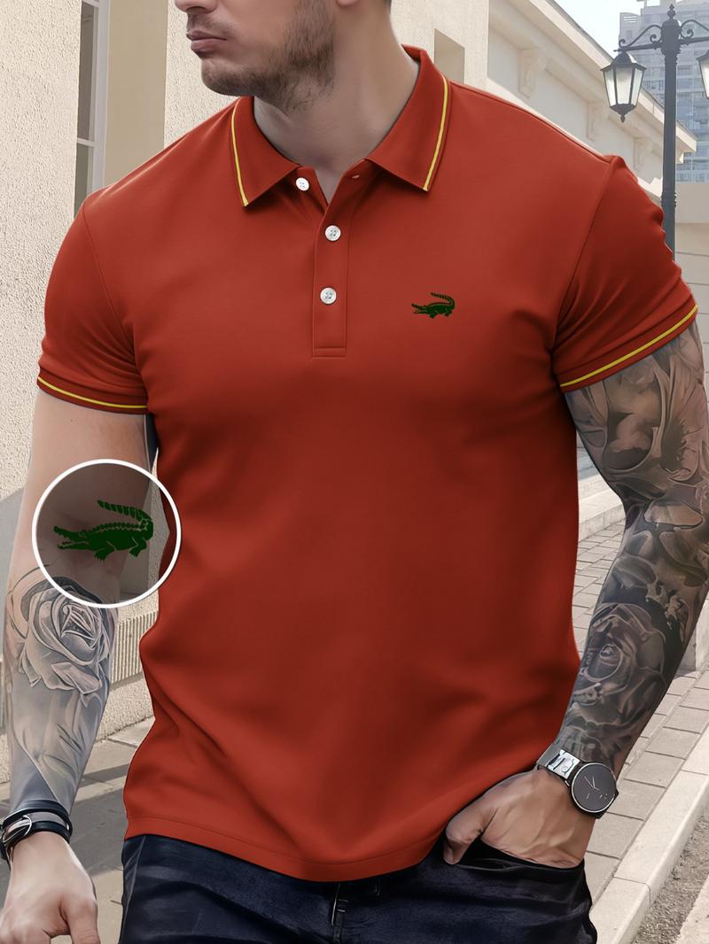 Men's Regular Fit Letter Print Contrast Trim Polo Shirt, Casual Short Sleeve Half Zip Top for Summer, Fashion Men's Clothes for Daily Wear, Tropical Men's Regular Fit Letter Print Contrast Trim Polo Shirt, Casual Short Sleeve Half Zip Top for Summer, Fashion Men's Clothes for Daily Wear, Tropical