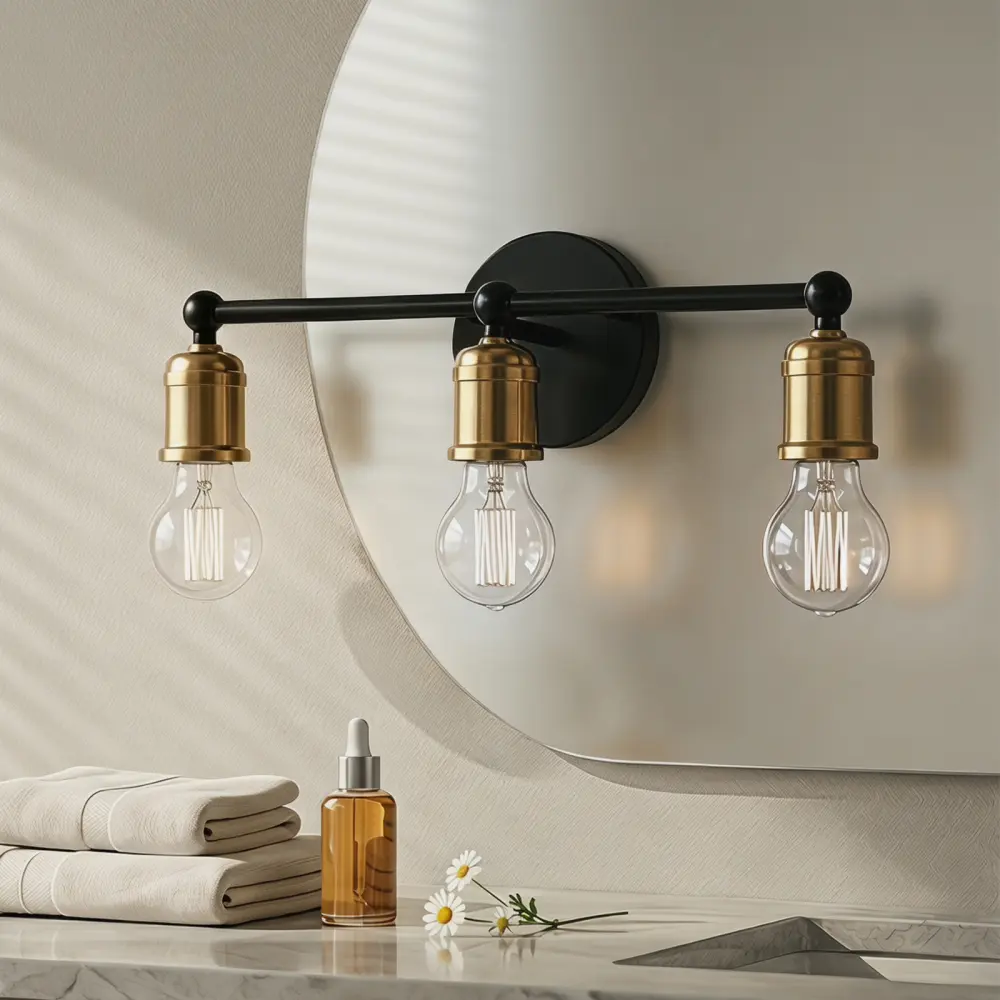 3 Light Black and Gold Bathroom Vanity Light Fixture, Industrial Farmhouse Wall Sconce Lighting, Modern Vintage Over Mirror Lights for Bathroom, Bedroom, Hallway, Powder Room, Kitchen, Makeup Vanity, Wall Mounted Lighting Fixture, No Bulbs Included