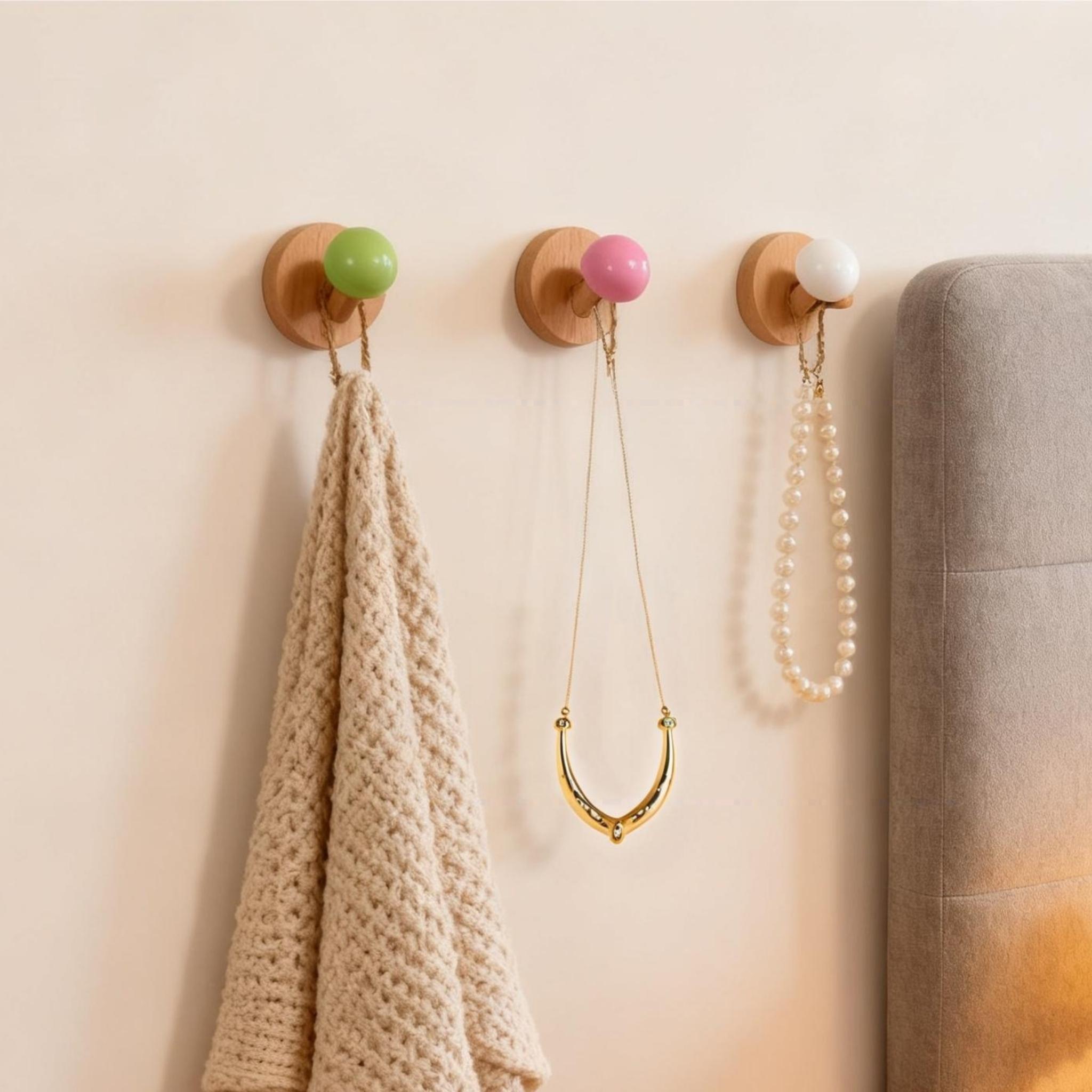 2 Non Perforated Solid Wood Beech Mushroom Hooks with Strong Adhesive and Seamless Installation, Wall Mounted Multifunctional Storage Hooks Suitable for Creative Adhesive Hooks Behind Doors/Entrances/Bathrooms