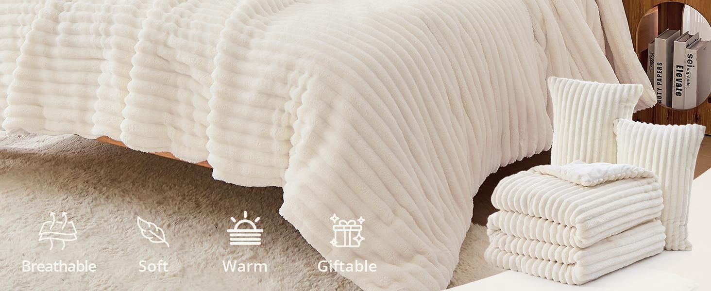 Sasttie Queen Bed Comforter Set 3 Pieces - Super Soft Fleece Bedding Set, 1 Warm Fuzzy Marshmallow Comforter, 2 Pillow Cases, Faux Fur Down Alternative, Cream White, Bedding Sets