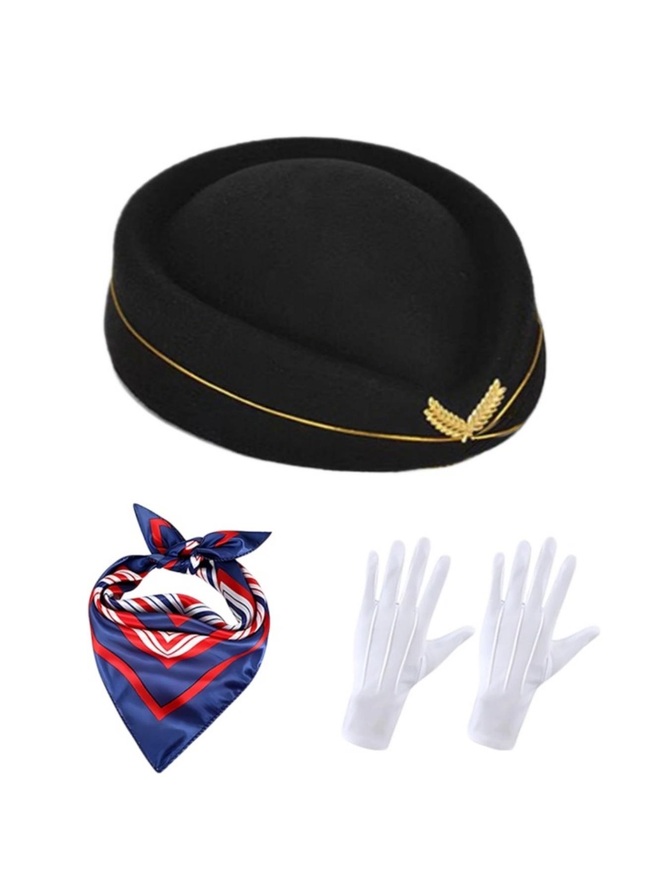 3-Piece Holiday Flight Attendant Costume Set for Women, Includes Hat, Scarf, Gloves, Perfect for Role Play, Vintage Stewardess