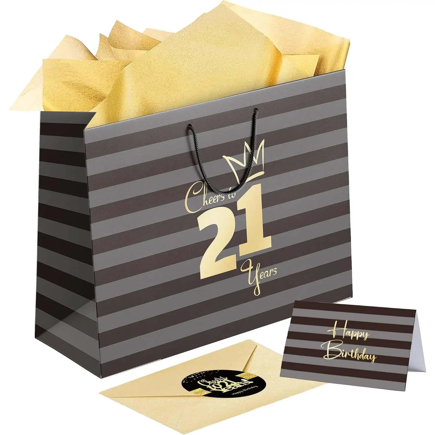 1 count 13" Large  Bag with Card Stickers and Tissue Paper 21st Birthday Bag for Women Men Happy 21st Birthday  Bag
