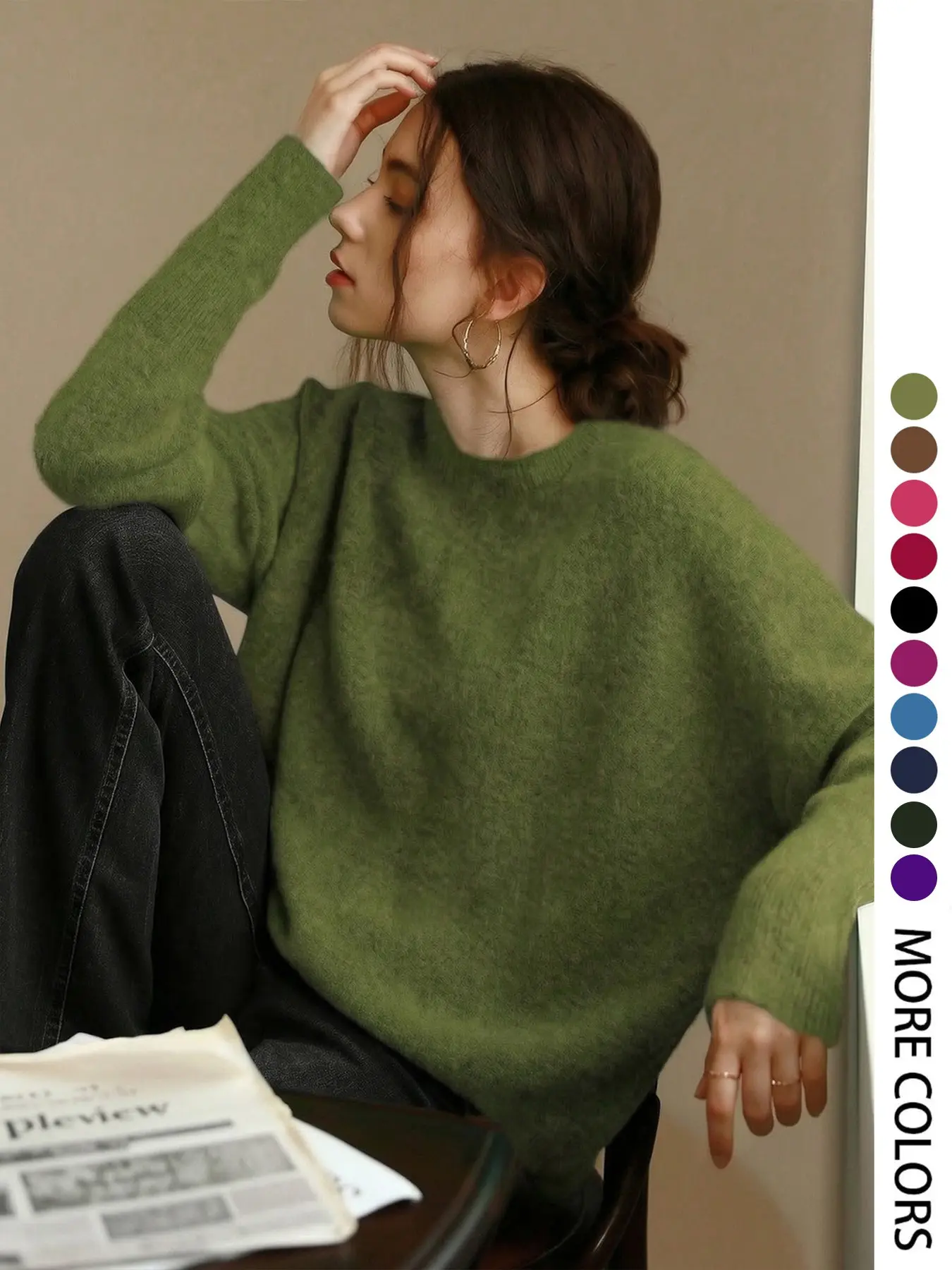 【Black Friday】Women's Knit Top for Fall Winter, Loose-Fitting French Round Neck Long Sleeve Pullover, Elegant Plain Color Crewneck Sweater Knitwear