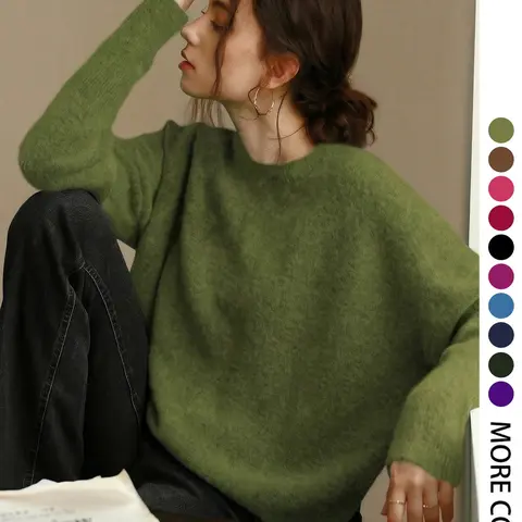 Women's Knit Top for Fall Winter, Loose-Fitting French Round Neck Long Sleeve Pullover, Elegant Plain Color Crewneck Sweater Knitwear