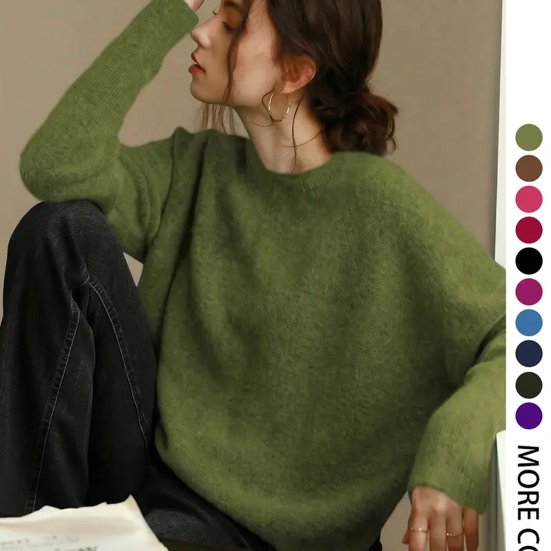 Women's Knit Top for Fall Winter, Loose-Fitting French Round Neck Long Sleeve Pullover, Elegant Plain Color Crewneck Sweater Knitwear
