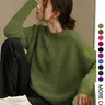 Women's Knit Top for Fall Winter, Loose-Fitting French Round Neck Long Sleeve Pullover, Elegant Plain Color Crewneck Sweater Knitwear