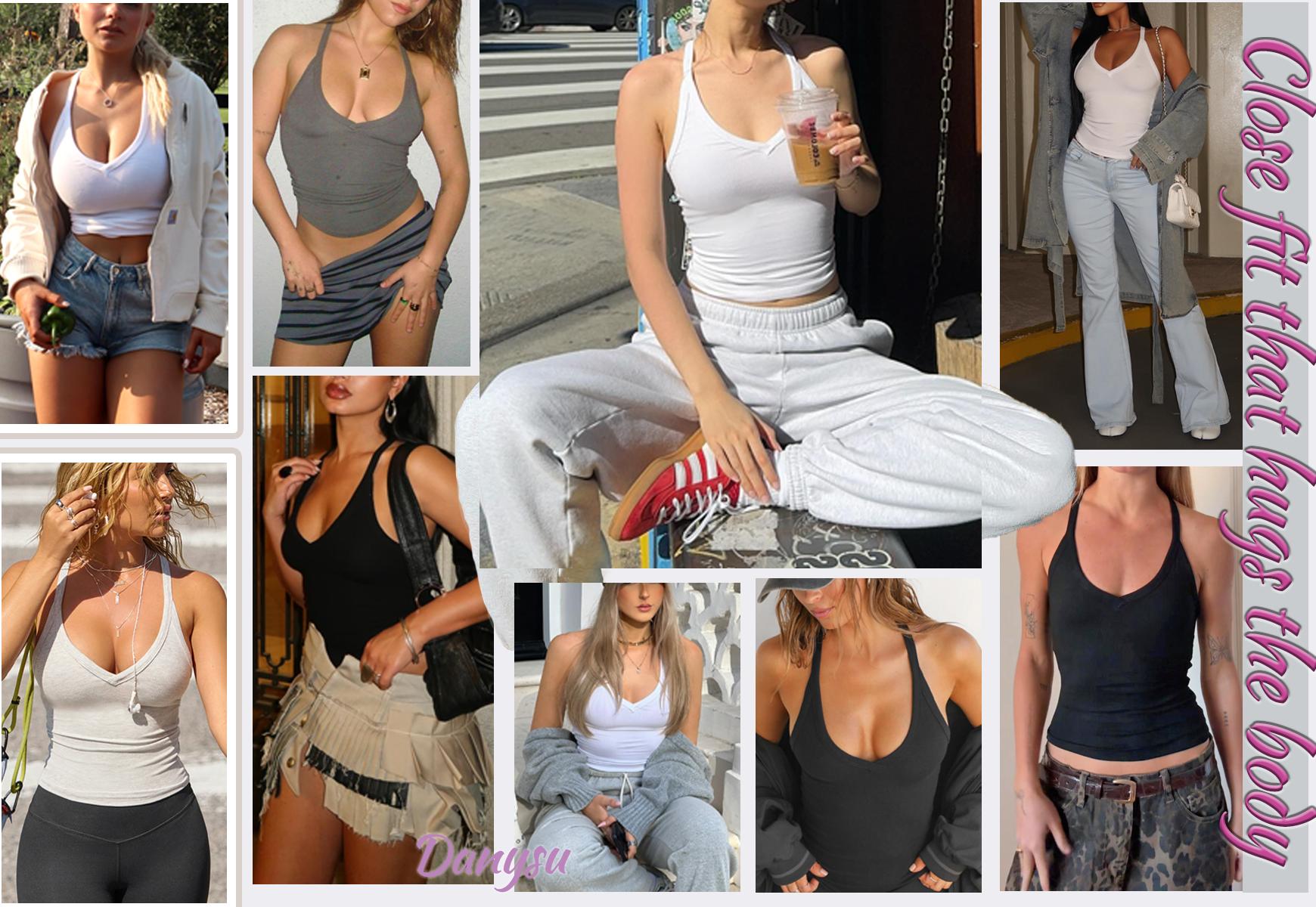 Danysu V Neck Racer Back Tank Top for Women Padded Ribbed Long Tank Fitted Basic Cami Tops