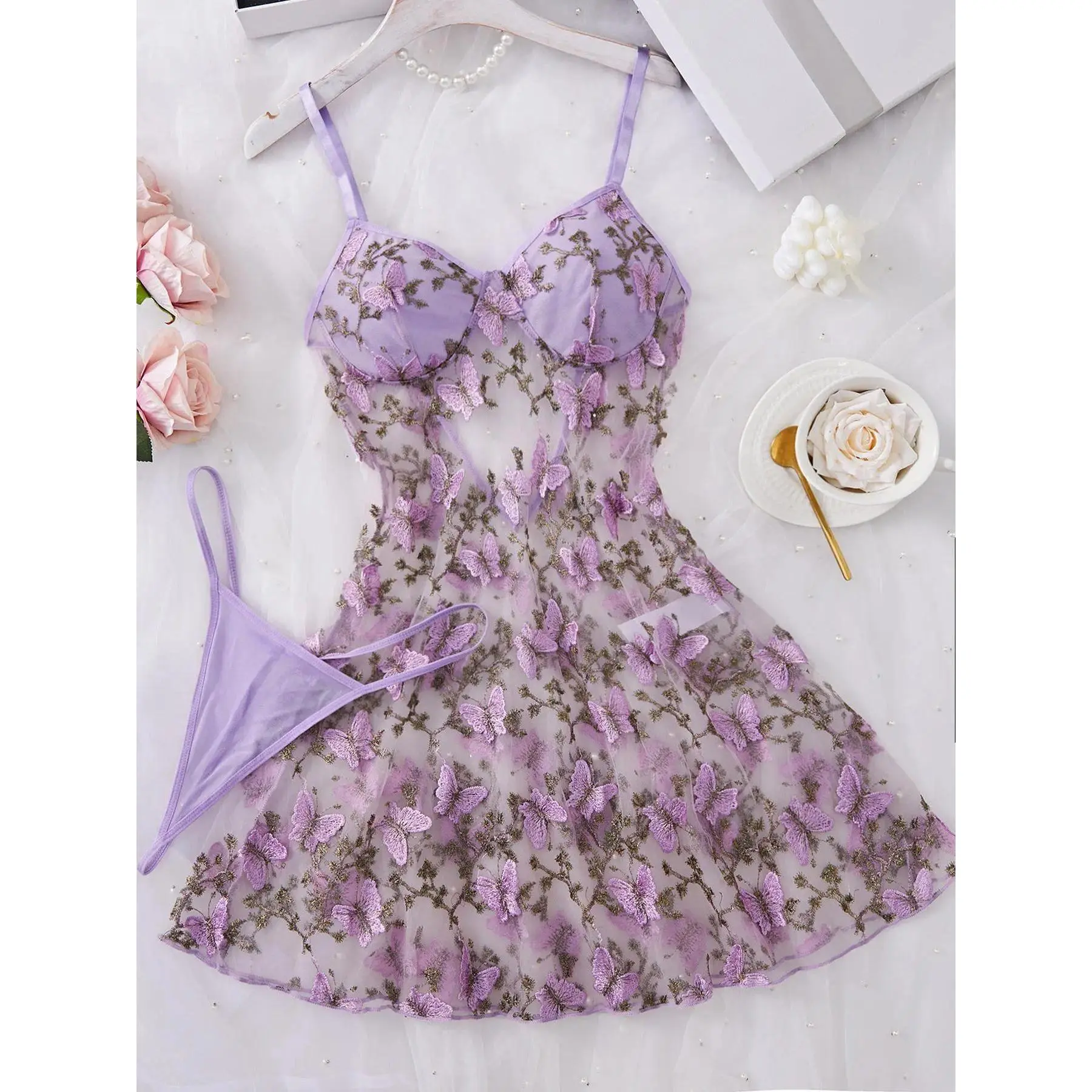 Women’s Butterfly Embroidered Cami Lingerie Set, Spaghetti Strap Nightdress with Matching Thong, Soft Breathable Fitted Sleepwear, Feminine Elegant Chemise for Date Night, Honeymoon, Valentine’s Day & Daily Lounge Wear