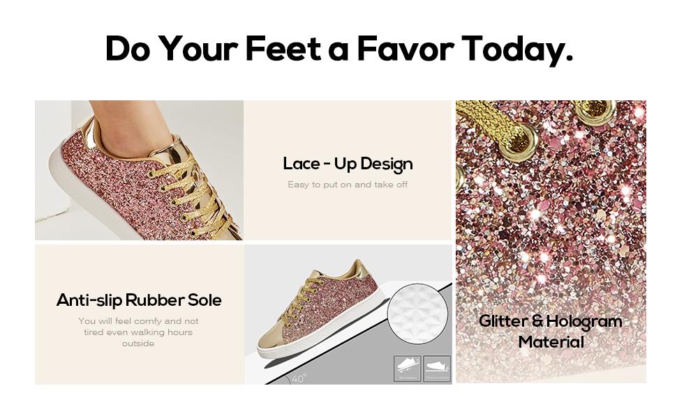 LUCKY STEP Glitter Shoes Sparkly Bling Shiny Bedazzled Lace up Fashion Sneakers for Women Gold Glitter PU TPR Sole Ideal for Jogging Shopping Walking