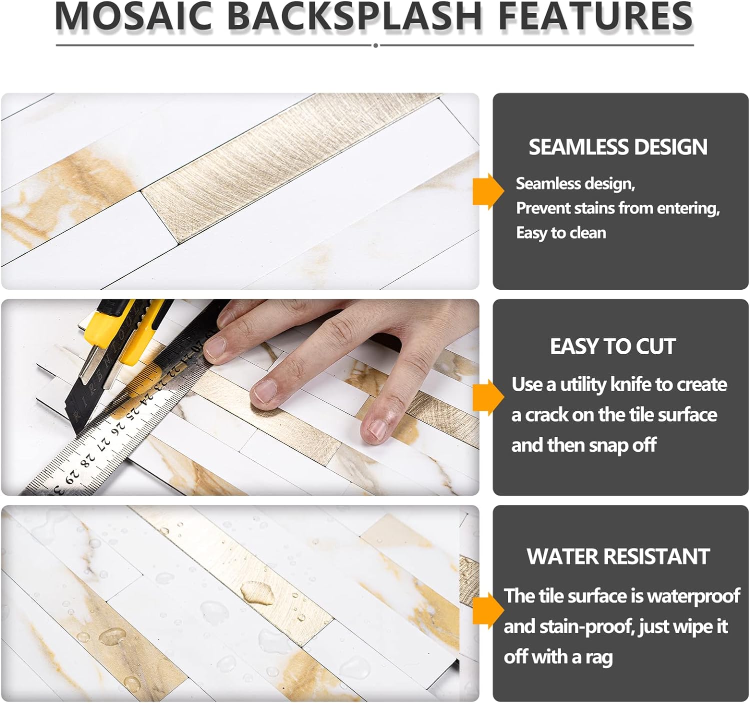 STICKGOO 20 Sheets Peel and Stick Backsplash Tile, Tile Stickers, Stick on Backsplash for Kitchen and Bathroom, Calacatta Gold Marble Look PVC Mixed Gold Self Adhesive Wall Tiles