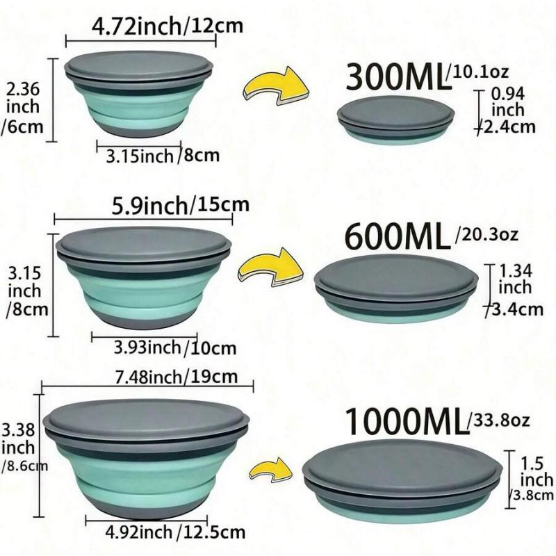 3-Piece Collapsible Silicone Bowl Set with Leak-Proof Lids, BPA-Free Stackable Food Storage Containers, Space-Saving Design, Great for Meal Preparation, Camping, Travel, Picnic and Daily Kitchen Storage