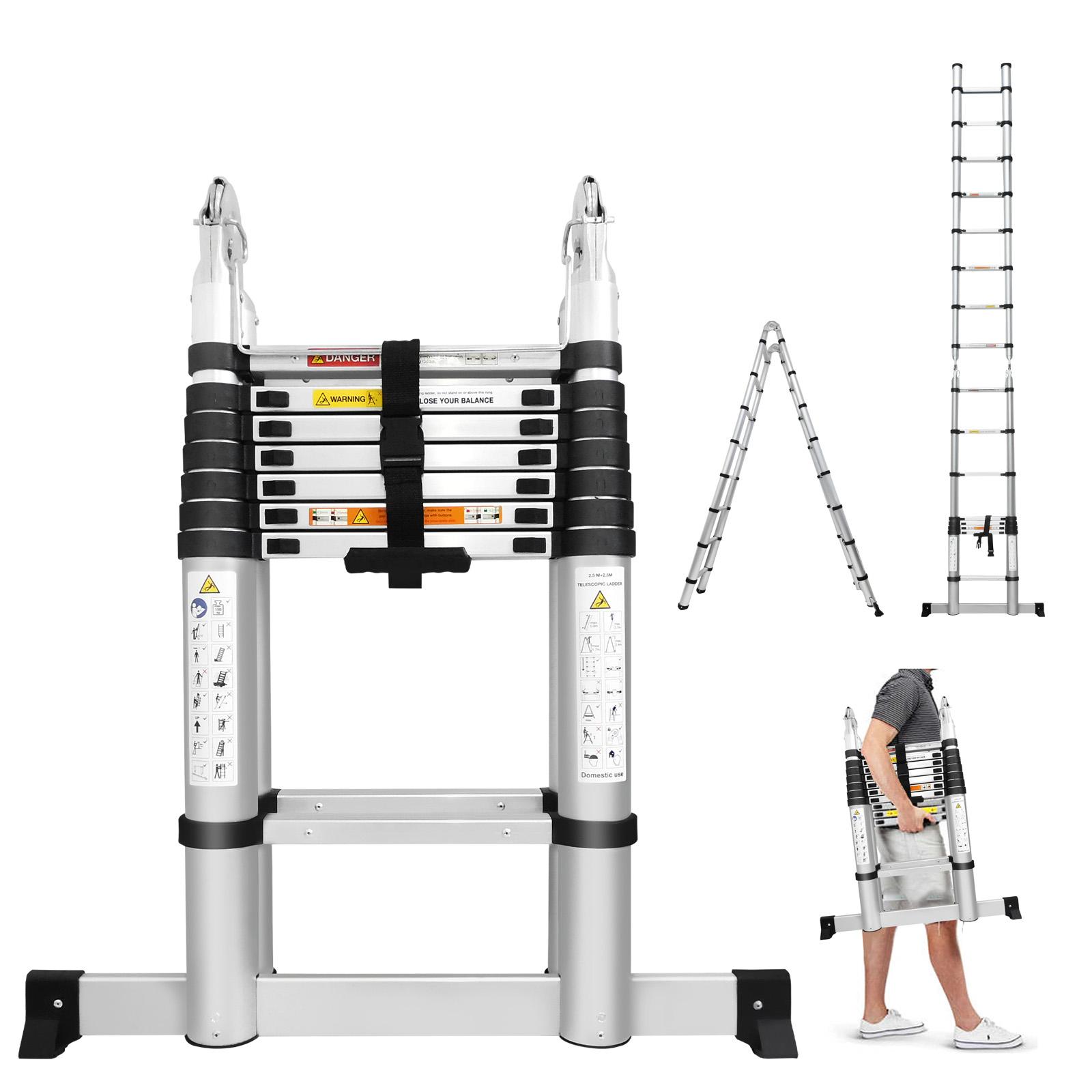 Telescoping Ladder Aluminum A-frame Extension Ladder, Folding Ladder with Stabilizer Bar and Anti-Slip Feet, 330lbs Max Load Capacity, for Home, Office ( 6.2+6.2FT / 8.2+8.2FT )