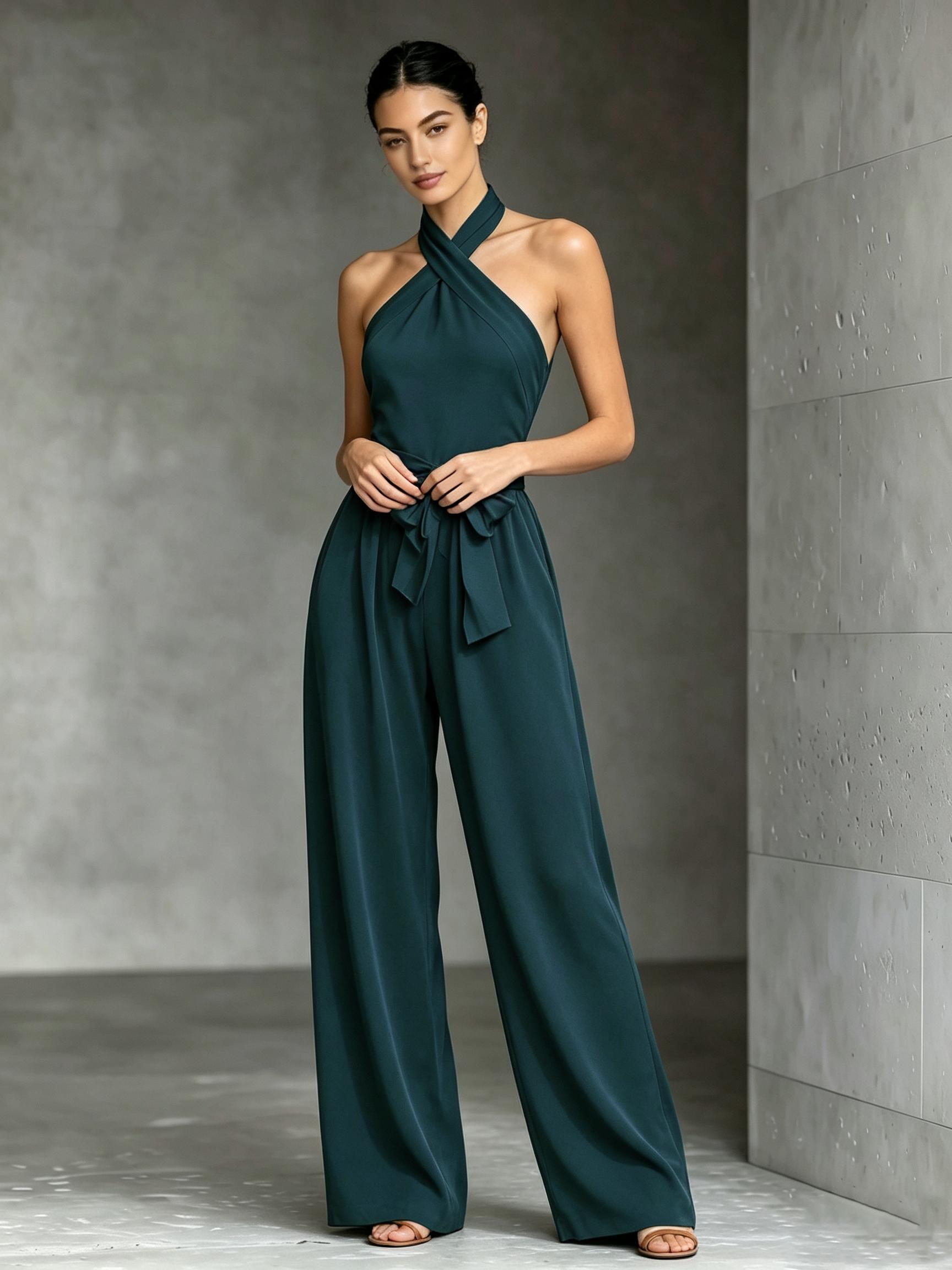 C6940 Viral That Girl Versatile Jumpsuit for Ladies, Cross Halter Neck Sleeveless Wrap Design, Decorative Waist Bow Belt & Invisible Functional Pockets, Airy Wide Leg Casual Dressy Outfit for Urban Daily and Weekend Plans.