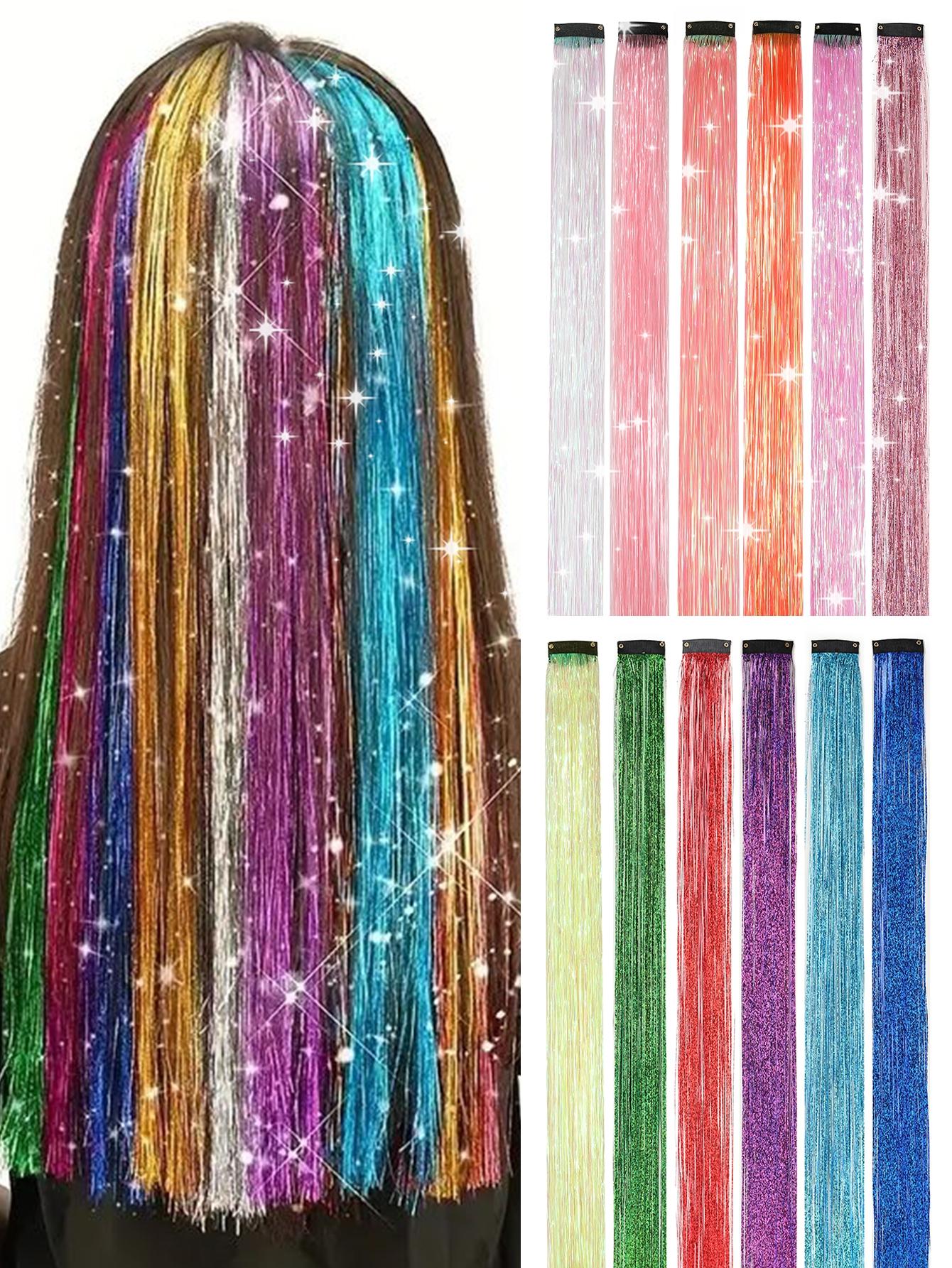 Clip in Hair Tinsel Synthetic 22 Inch Colorfull Tinsel Hair Extensions 12Pcs/Pack for Women Girls Party Christmas New Year Gift Synthetic Soft Hairpieces