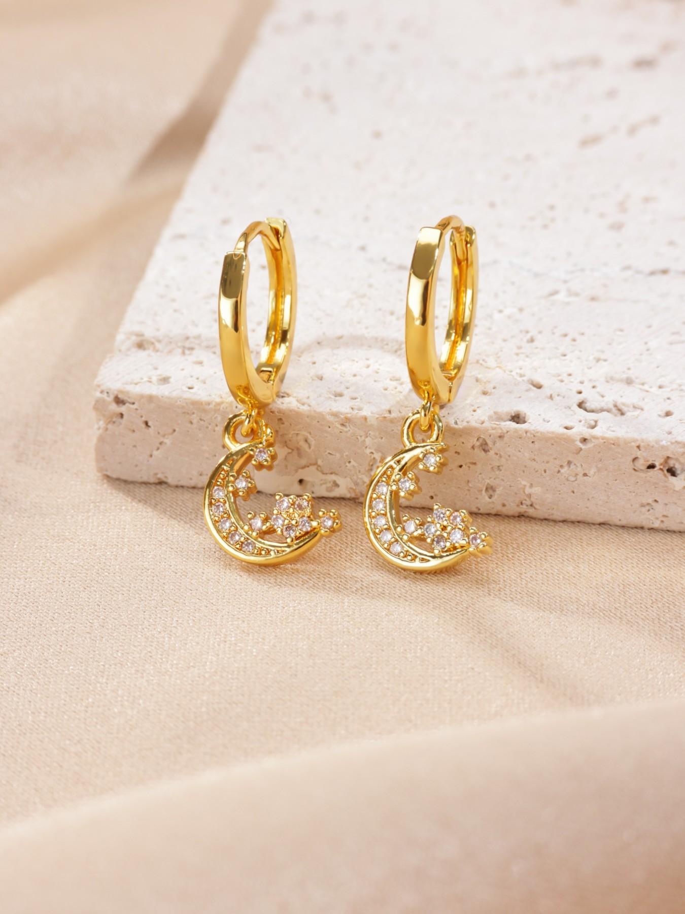 1 Pair Zircon Star Moon Earrings for Women 18K Gold Plated Dangle Drop Earrings Fashion Jewelry,Perfect Gifts for Birthday,Party,Wedding,Anniversary,Mother's Day,Vacation,Daily