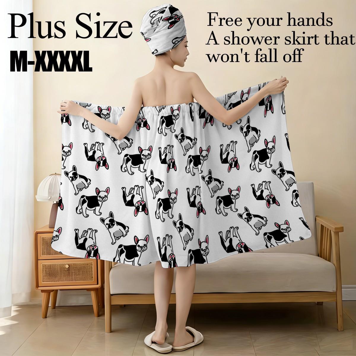 Bulldog print bath skirt + hair drying cap set, plus sizes M-XXXXL, high-quality microfiber, soft and absorbent, non-slip adjustable shower wrap, multi-purpose spa bathrobe, suitable for dog lovers, bathrooms, pools, and beaches