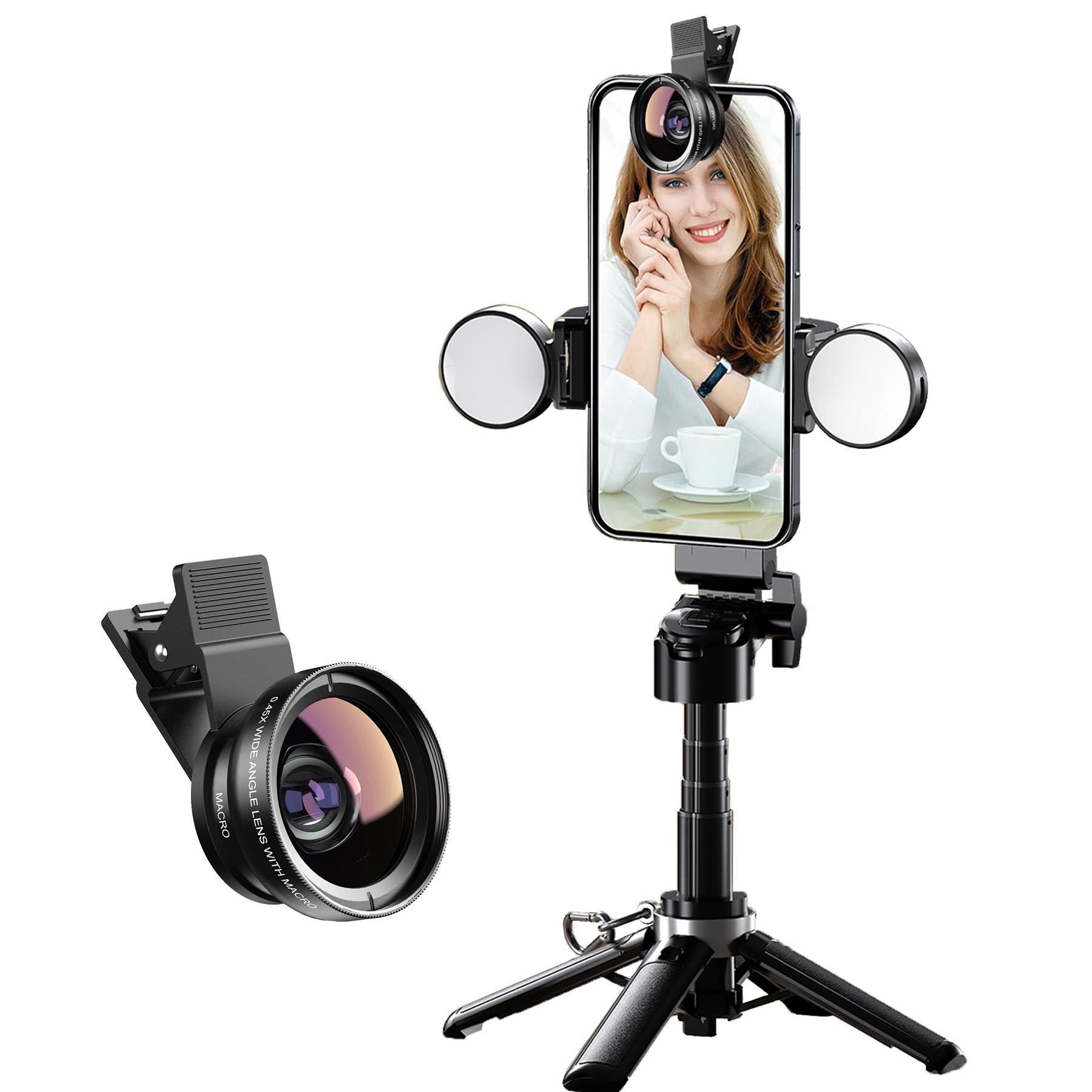 Multifunctional Mini Wireless Selfie Stick Tripod with 2 Lighters & Wide Angle Lens, Selfie Stand, Portable Phone Accessory for Travel Photography, Travel Gadgets